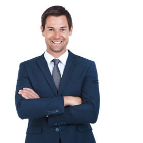 Cropped portrait of a handsome businessman standing with his arms folded isolated on white